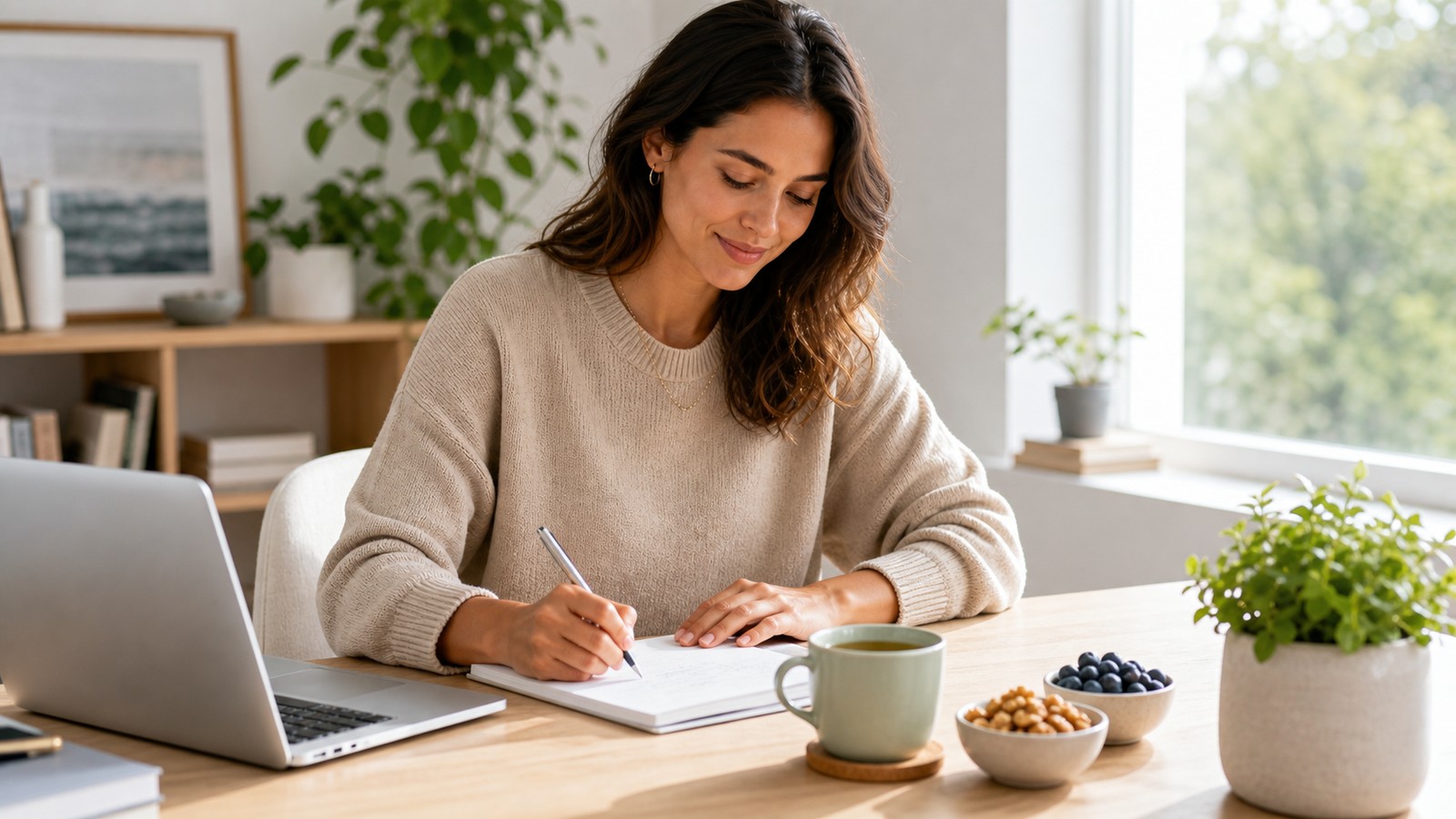 A person with steady afternoon energy at a sunlit desk