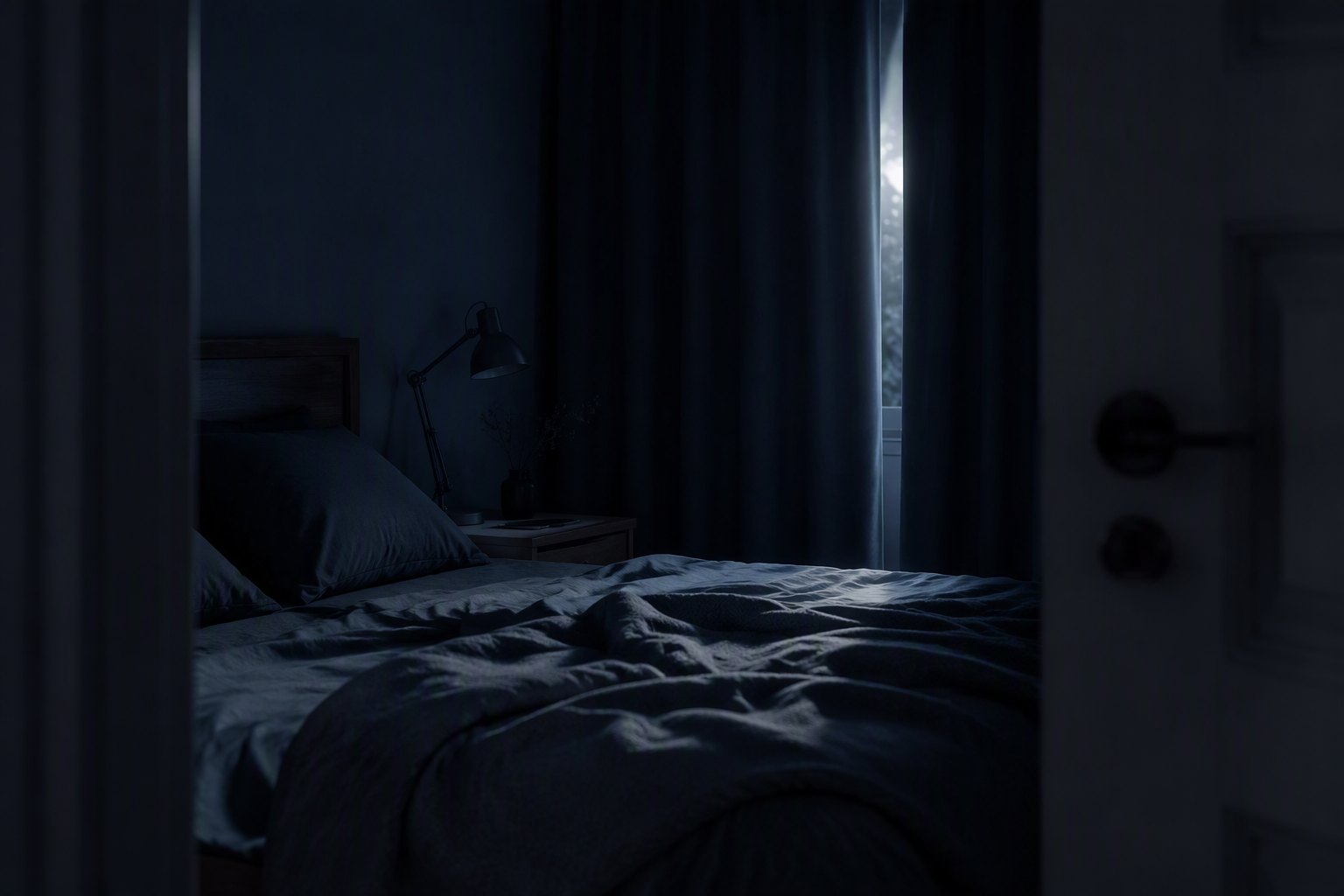 A dark bedroom at night with a phone face-down on the bedside table