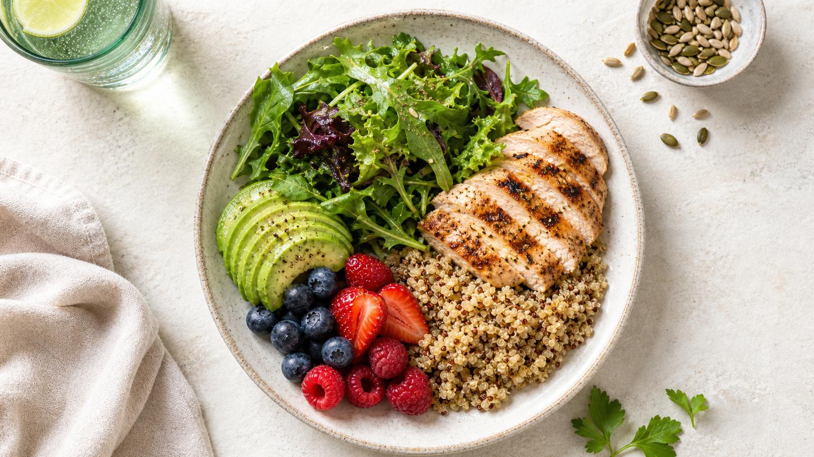 A balanced plate of protein, vegetables and whole grains