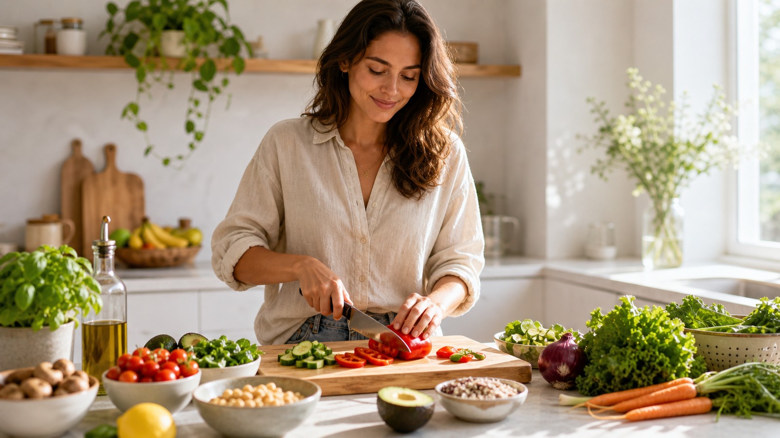 Preparing a colorful whole-food meal in a bright kitchen
