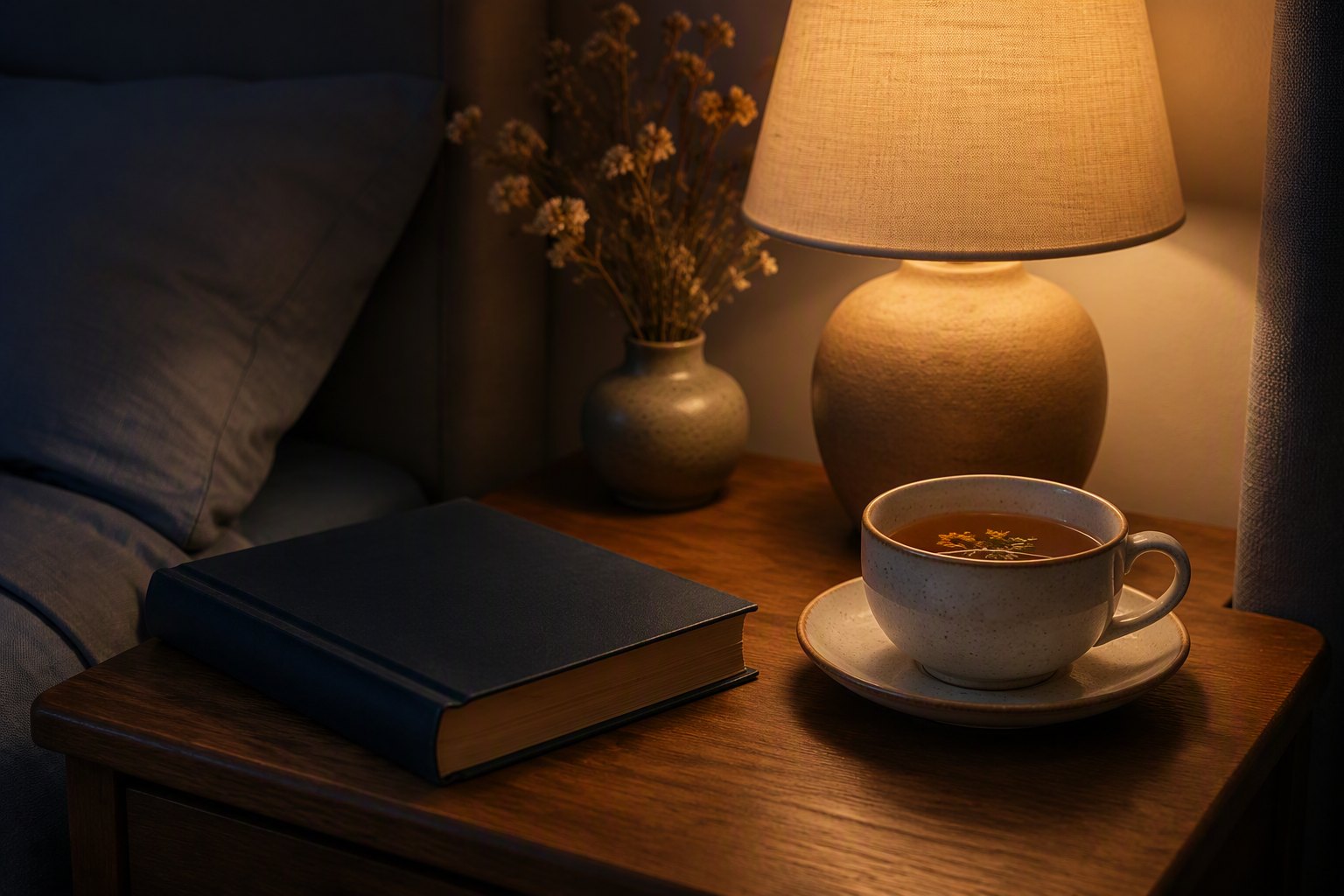 A cozy nightstand with a book and warm lamp