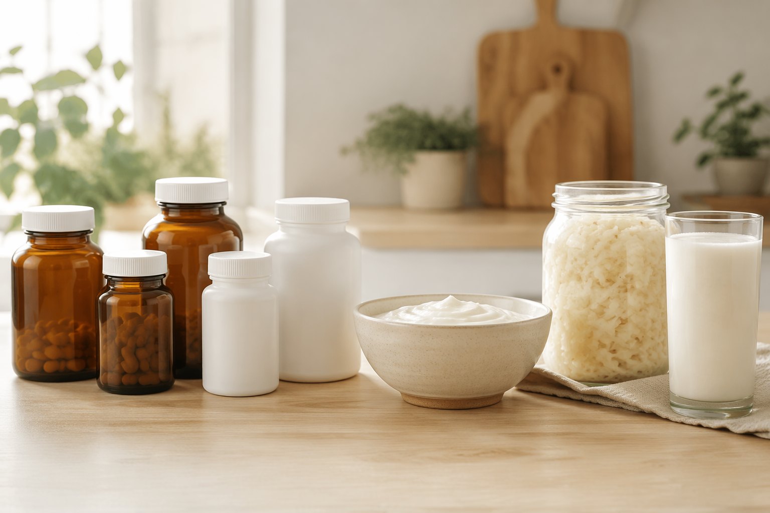 Supplement bottles beside fermented foods, representing how to choose a probiotic
