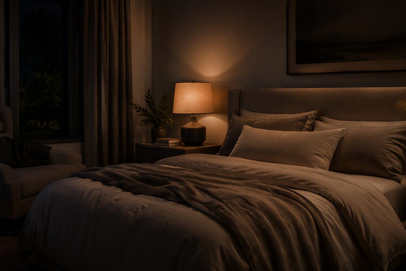 A calm, dimly lit bedroom at night representing restful sleep