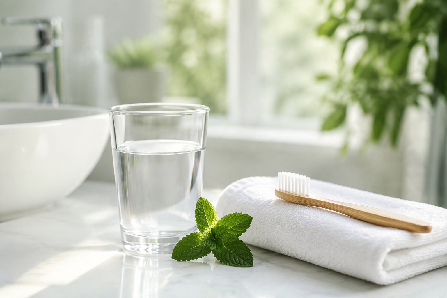 Water, fresh mint and a toothbrush, representing fresh breath and healthy gums