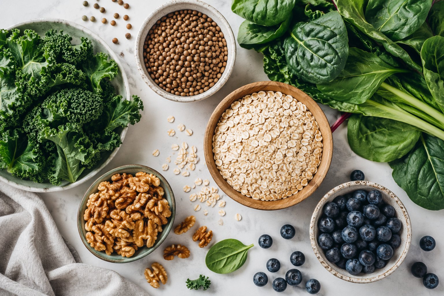 Fibre-rich whole foods representing support for healthy blood sugar